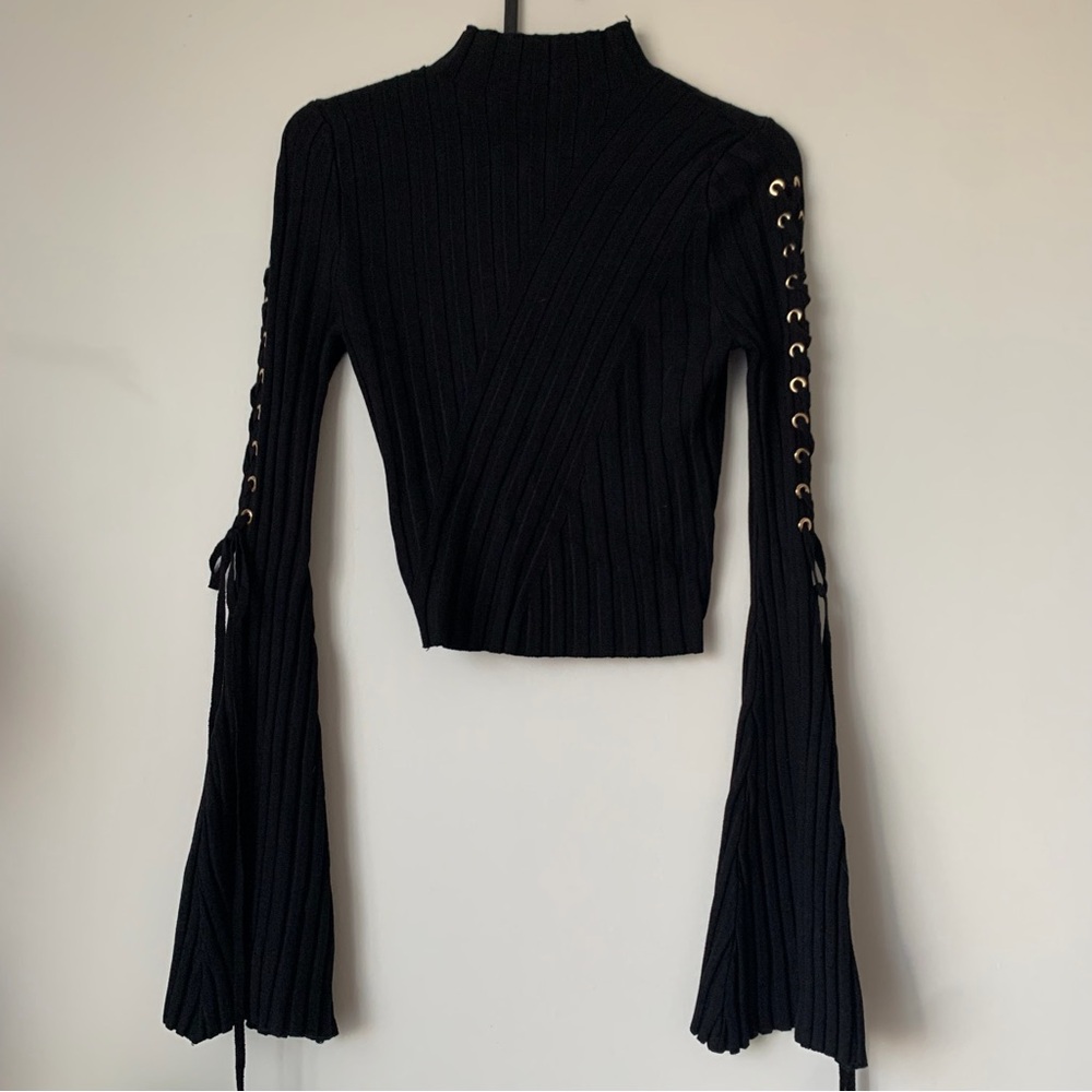 Fashion Nova Black Ribbed Mock-Neck Lace-Up Sleeve Crop Top